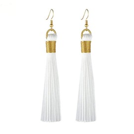 KLFrogPond Beauty Boho Style Silk Fabric Vintage Tassel Statement Bohemian Fashion Jewelry Fringe Drop Dangle Woman Earrings (White)