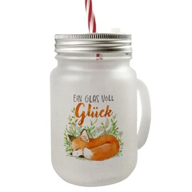 speecheese Fuchs Mason Jar with Handle Drinking Glass with Lid with Saying "Ein Glas voll Glück" (A Glass Full of Happiness) Colourful Glass for Your Favourite Drink Motif Sleeping Watercolour Nature