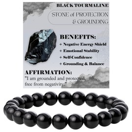 Bivei Crystal Bracelet for Women 8mm Beaded Semi Precious Natural Stone Stretch Elastic Jewelry Yoga Gifts(Black Tourmaline - Protection & Grounding)