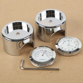 TCMT 7/8" 1" Motorcycle Handlebar Chrome White Dial Clock + White Temp Thermometer Waterproof Fits For Kawasaki VN Cruiser