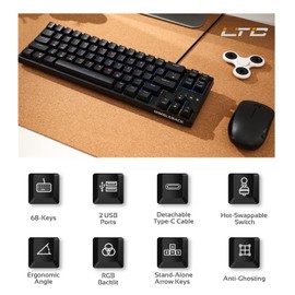 LTC NB681 Nimbleback Wired 65% Mechanical Keyboard, RGB Backlit Ultra-Compact 68 Keys Gaming Keyboard with Hot-Swappable Switch and Stand-Alone Arrow/Control Keys (Hot Swappable Red Switch, Black)