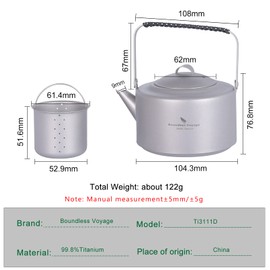 Boundless Voyage 380ml Titanium Teapot with Filter Tea Kettle Stovetop Kettle Water Jug Portable Drinkware Outdoor Ultralight Coffee Tea Pot Ti3111D