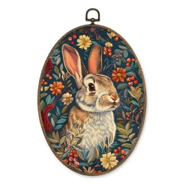 LKETW Floral Bunny Oval Wall Art Decor, Cottagecore Bunny Floral Botanical Oval Canvas Hanging Decor, Rustic Retro Rabbit Wall Decorations for Home Bedroom Living Room, 8.6x11.4 Inch