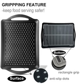 ECOIOU Non Slip Food Serving Tray with Handles, 2-Pack Rectangle Anti-Slip Non-Toxic Dishwasher Safe Tray for Snack Fruit Dessert Breakfast Drink,Black