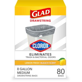 Glad Medium Drawstring Trash Bags with Clorox, 8 Gal, Lemon Fresh Bleach, 80 Ct (Package May Vary)