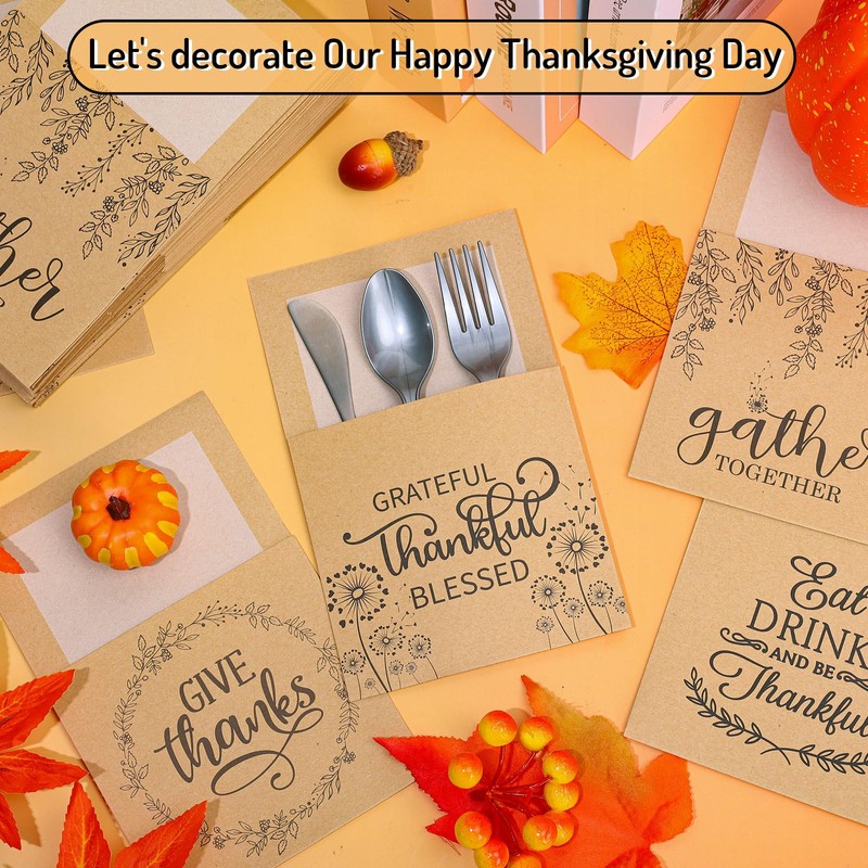 Whaline 100Pcs Thanksgiving Turkey Cutlery Paper Holders Rustic Kraft Utensil