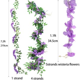 Purple Wisteria Artificial Flowers Garland, 4 Pcs Total 7.6m Artificial Wisteria Vine Silk Hanging Flower for Home Garden Outdoor Ceremony Wedding Arch Floral Decor
