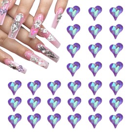 QUARKZMAN 40 Stk. 3D Herz-Nagel-Charme Kristalle Nagelsteine 8x9mm Schiefes Herz-Form Charme Kunst Strass für Valentinstag Nagel DIY Dekoration, Reiches Lila