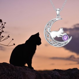 LONAGO Cat Necklace 925 Sterling Silver Cat in Moon with Birthstone Pendant Necklace Jewelry for Women (February)