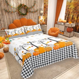 Pumpkin Fall Sheet Twin Size,Kids Boys Girls Bedroom/Wooden Cottage Decor,Black White Plaid Bedding,Autumn Harvest Maple Rustic Farmhouse Bed Sheet Set 3pcs(Fitted Sheet + Flat Sheet + 1 Pillowcase)
