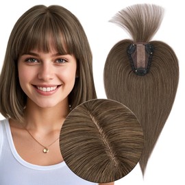 MY-LADY Human Hair Toppers for Women Real Human Hair with Bangs Thin 8 * 10CM Lace Silk Base Clip in Remy Hairpieces Hand-Tied Light Weight 12 Inch Chocolate Brown