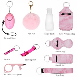 Safety Keychain Set for Women and Kids,Personal Safety Alarm,Soft Pom Pom and Whistle (Pink)