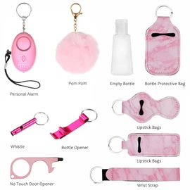 Safety Keychain Set for Women and Kids,Personal Safety Alarm,Soft Pom Pom and Whistle (Pink)