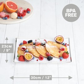 MATANA 6 White Plastic Serving Plates with Silver Edge for Appetizers & Finger Food - Catering, Buffets, Birthdays, Weddings & Parties - 30 x 22 cm