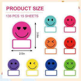 Whaline 135Pcs Rainbow Smile Face Name Tag Sticker Back to School Nameplate Sticker 9 Designs Happy Face Bright Colors Label Decal Cute Classroom Bulletin Board Decor for Office Desk Wall Decor