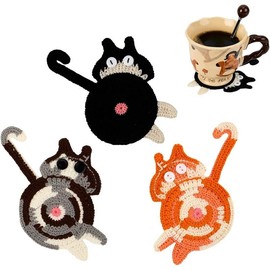 Cat Gifts for Cat Lovers 3PCS Cat Coaster Woven Creative Cute Cat Coaster Insulation Coaster Coffee and Tea Coaster Desktop Gifts Set Stylish