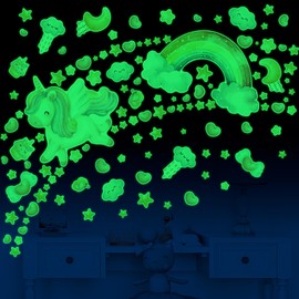 Large Unicorn and Rainbow Wall Decals Glow in The Dark, Watercolor Stars Stickers for Baby Girls Room, Luminous Ceiling Decor for Bedroom Playroom Nursery