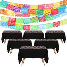 Preboun Mexican Plastic Tablecloth and Mexican Papel Picado Banner Fiesta Party Decorations Supplies Table Cover for Rectangle Tables Cinco De Mayo Carnival (Floral Style,10 Pcs)