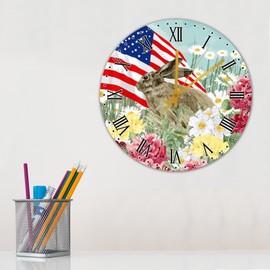 Wood Wall Clocks Battery Operated Non Ticking Bunny Rabbit Patriotic American Flag Frameless Wall Clocks Colorful Seasonal Flower Garden Home Decor for Nursery Office Conference Room 15 Inch
