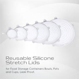 Original Reusable Silicone Stretch Lids for Food Storage Containers Bowls, Pots and Cups, Leak-Proof - Clear (6 Pcs)