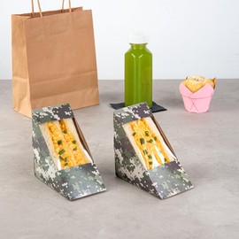 Restaurantware Cafe Vision 4.8 x 2.8 Inch Sandwich Paper Boxes, 25 Medium Sandwich Wedge Boxes - With Window, Disposable, Camouflage Paper Triangle Sandwich Containers, Grease-Impervious Lining