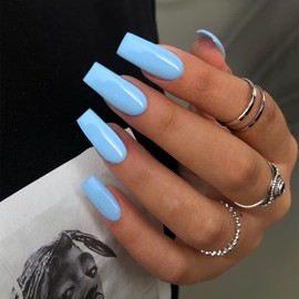 SXVME Baby Blue False Nails Long Square, Acrylic Press on Nails Long Medium Coffin, Glossy Gel Fake Nails Press on, Solid Color Square Tip Nails Stick on Nails For Women Daily Wear, 24 Pcs