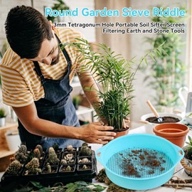 Round Garden Soil Sieve Pan, Gardening Sand Soil Compost Sifter 3mm Tetragonum Hole Soil Sifter Screen Filtering Earth and Stone Tools for Sieve Work of Small Gravel, Soil, Sand(Blue)