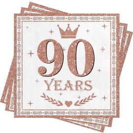 Xunerloy 40Pcs 90th Birthday Napkins Rose Gold, Happy 90th Birthday Serviettes White Napkins for Women Men Her He Anniversary Decoration