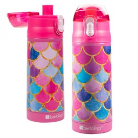 Bentology Stainless Steel 13 oz Reusable Water Bottle for Kids, Mermaid -Double Wall Insulated, Spill Proof Lid w/Built-in Straw- Keep Liquids Hot or Cold For Hours- Fits in Lunch Boxes & Bags