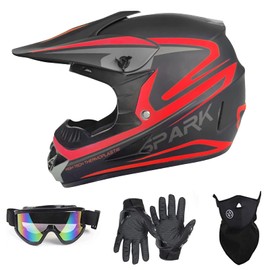 Youth Adult Dirt Bike ATV Helmet Motocross Anti-Collision Full Face Motorcycle DOT Approved BMX Downhill Off-Road Mountain Bike Helmet with SUV Goggles Gloves Face Shield (Red, X-Large)