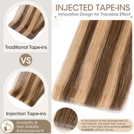 Elailite Injection Tape in Hair Extensions Human Hair - Invisible Skin Weft Remy Natural Real Hair Extension Straight 10 Pcs 20g - #4Y/27 Medium Brown Mix Dark Blonde - 14 Inch