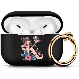 Koujaon Compatible with AirPods Pro 2 Case Silicone Skin Cover for AirPod Pro 2nd Generation with Flower Letters Symbol Airpods Pro Case with Keychain (Black-K)