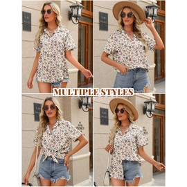 HOTOUCH Womens Short Sleeve Button Up Shirts Loose Fit V Neck Collared Blouse Camp Beach Printed Solid Summer Cream Floral