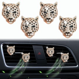 4Pcs Golden Bling Leopard Air Vent Clips, Crystal Car Air Fresheners Vent Clips Diffuser Vent Clip Rhinestone Leopard Decoration Interior Decor Bling Accessories for Women