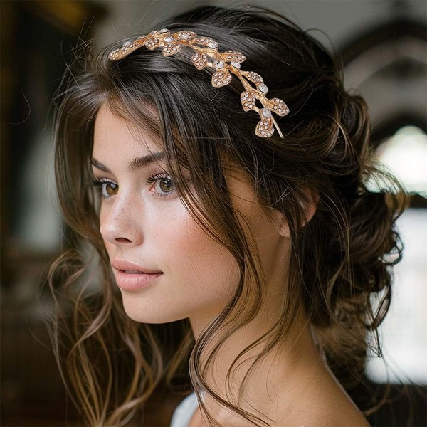 Zoestar Rhinestone Headband Gold Leaf Wedding Headpiece Bridal Headbands Wedding Hair Accessories for Women and Girls(Gold)