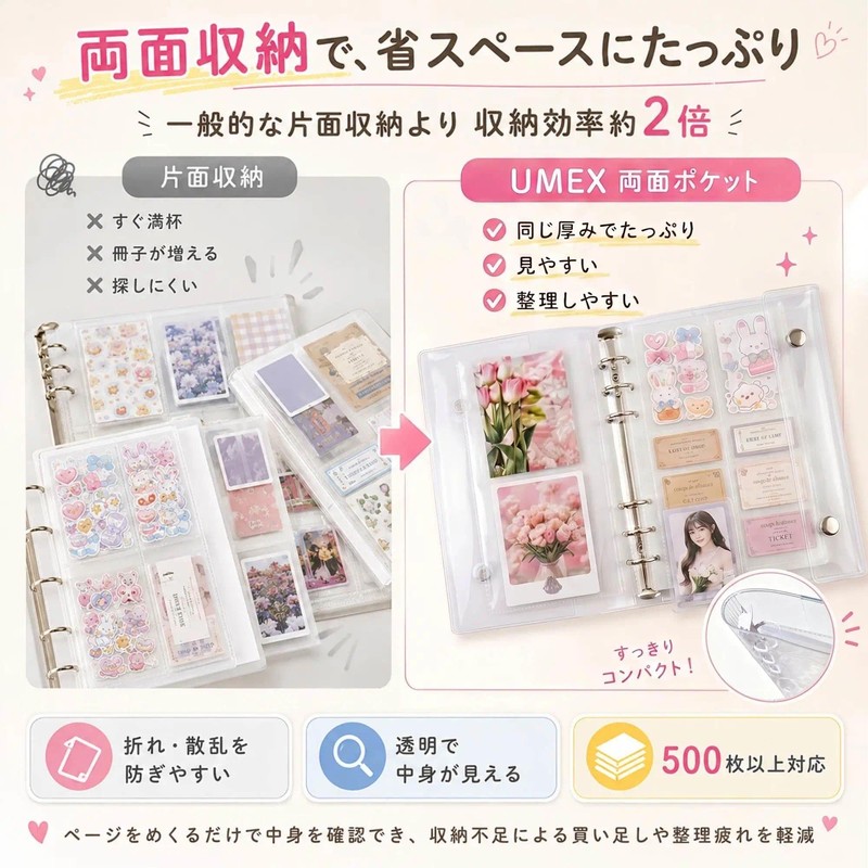 ＵＭＥＸ シール 手帳 A7 女の子: 可愛い バインダー 6穴 ミニ 透明