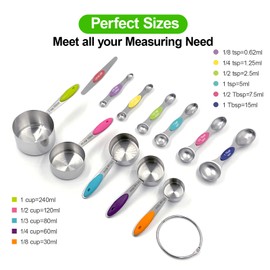 12-Piece Measuring Cup and Spoon Set, Includes 5 Stainless Steel Measuring Cups 6 Double-Ended Measuring Spoons and 1 Plus Leveler Accurately measure dry or liquid ingredients.