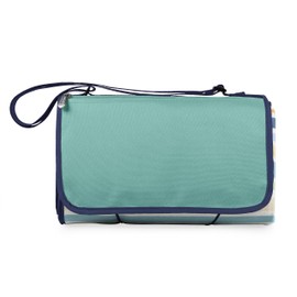 PICNIC TIME Outdoor Picnic Blanket Tote, 59"x51" Foldable Beach & Camping Blanket with Soft Fleece, Water-Resistant Bottom, Adjustable Strap & Zippered Pocket (St. Tropez - Sky Blue, Multi Stripe)