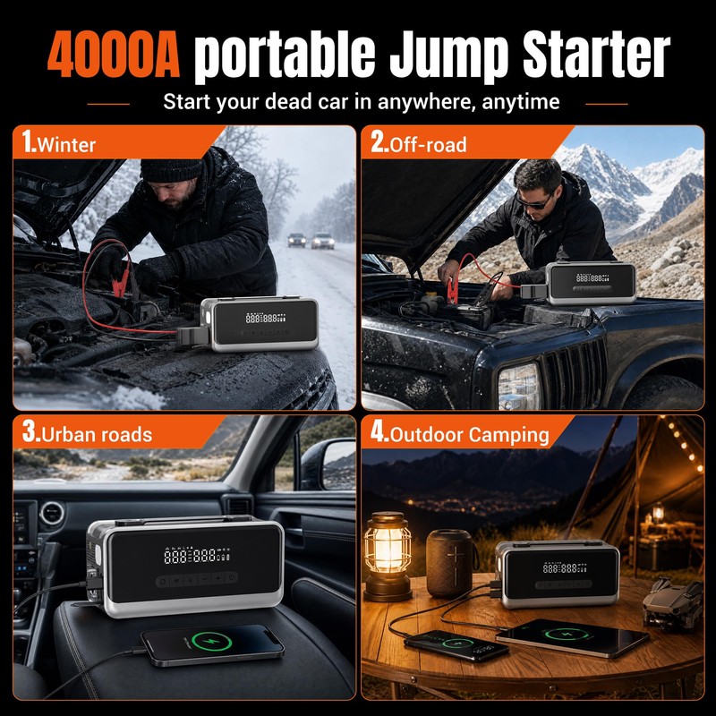Jump Starter with Air Compressor, 12V Portable Car Battery Jump
