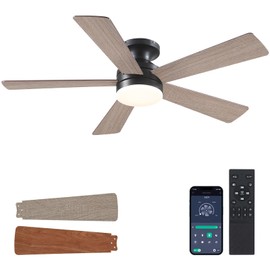 BYKISTOK Flush Mount Ceiling Fan with Lights - 46IN Modern Indoor/Outdoor Ceiling Fan Light with Remote/APP, Low Profile Fan Light with 6 Speeds, Dimming, for Bedroom, Living Room, Brown
