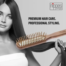 nippes Solingen Pneumatic Hair Brush 7 Rows | Ball Head Steel Pins | Blood Circulation of the Scalp | Beech Wood Handle | Creates Natural Fullness and Volume in the Hair | Oblong, Narrow