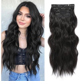 FINE PLUS Clip-In Extensions, 4 Pieces Long Wavy Hair Extensions Clip in Dark Brown Soft Double Weft Brunette Extensions with Clip Synthetic Hairpiece for Women - 50.8 cm