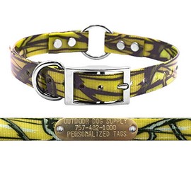 Outdoor Dog Supply's 3/4" Wide Pattern Ring in Center Dog Collar Strap with Custom Brass Name Plate (Yellow Camo)