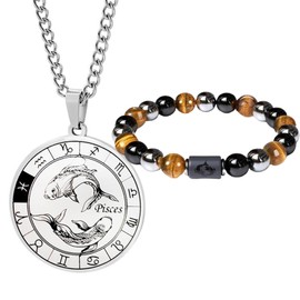 Caimeytie Men's Zodiac Sign Necklace and Bracelet Set, Constellation Necklace, Stainless Steel Coin Pendant, Elastic Bead Bracelet, Birthday Gift, Jewellery, Stainless Steel
