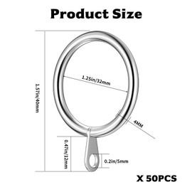 Aoyfuwell 50 Pcs Metal Curtain Rings 32mm ID, Silver Curtain Pole Rings Drape Sliding Eyelet Ring for Curtains Poles Drapery Curtains Hanging Ring for Shower Poles Rods