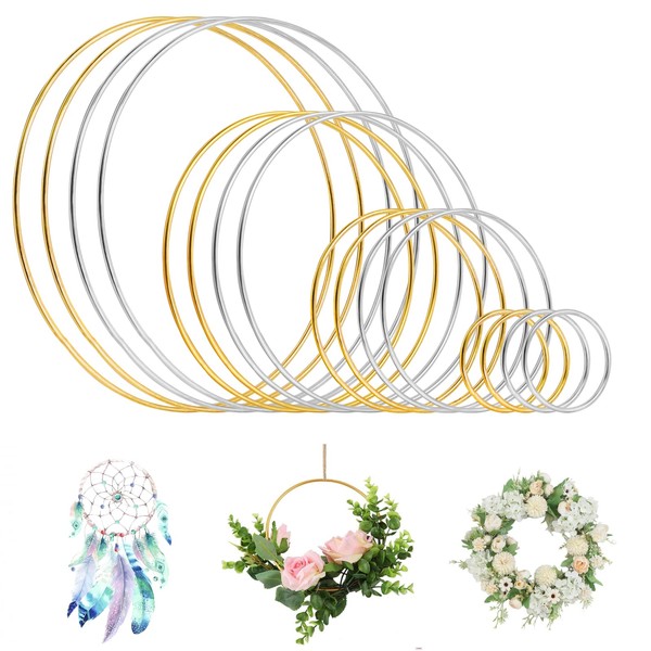 SDwfxd Pack of 16 Metal Rings for Vastling, 4 Sizes Decorative Rings for DIY Dream Catcher, Wedding, Christmas Wreath Decoration and Wall Hanging, Craft Wreath