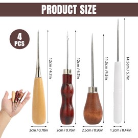 4 pieces Awl, punch with wooden handle, hole punch, awl tool, ergonomic DIY leather craft sewing tools for punching and repairing leather, canvas, paper and fabric, practical for beginners and