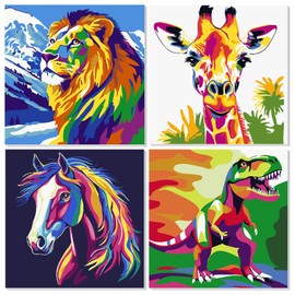 NAIMOER 4 Pack Animals Paint by Numbers Kits for Adults Beginner with Wooden Framed, Color by Numbers on Canvas Painting Kits for Adults, Easy Paint DIY Acrylic for Home Wall Decor 8X8 Inch