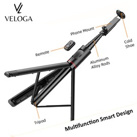 VELOGA 72" Extendable Bluetooth Selfie Stick Tripod | 360° Rotation, Cold Shoe Mount, Remote Control | Adjustable, Portable Tripod for Photos, Videos, Calls & More with Your Camera or Phone