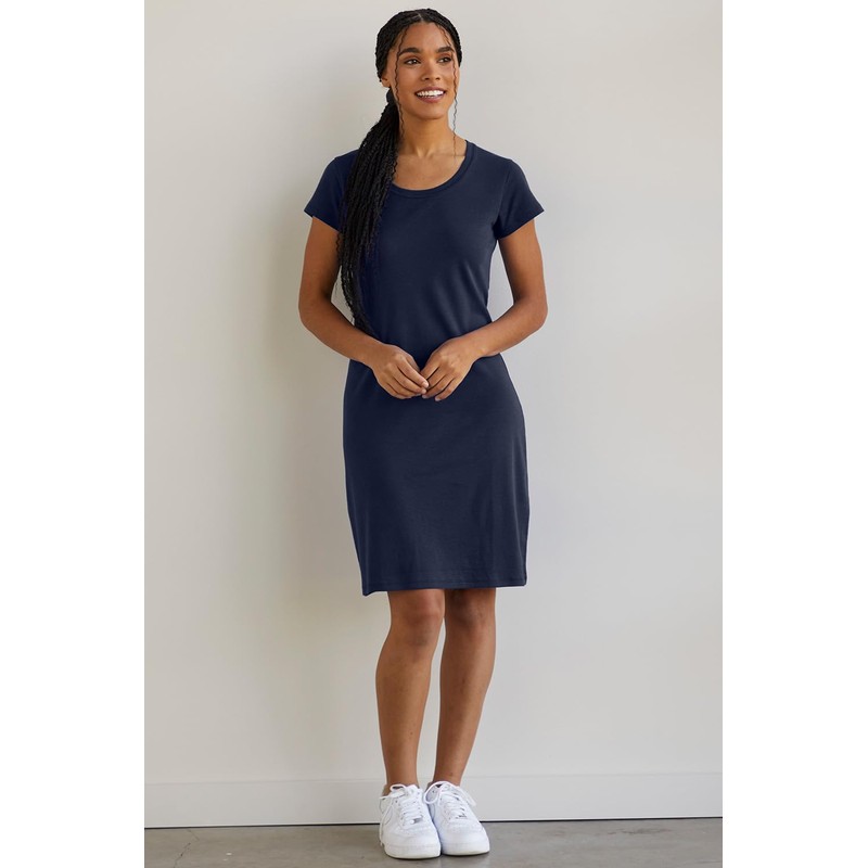 Fair índigo Vestido camisero de algodón orgánico con cuello redondo